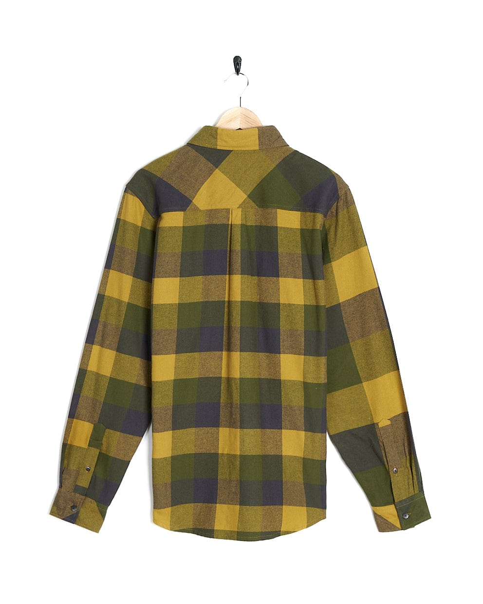 A Saltrock Mattie - Mens Long Sleeve Shirt - Yellow plaid shirt hanging on a hanger.