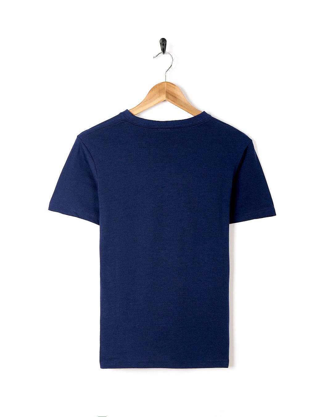 A blue Saltrock Meadow Kids T-Shirt hanging on a wooden hanger.