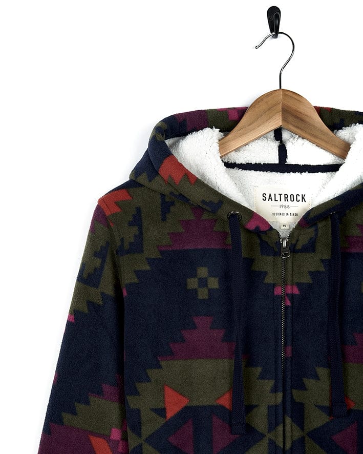 A Saltrock hoodie with an Merida - Womens Lined Aztec Zip Fleece - Dark Blue pattern on it.