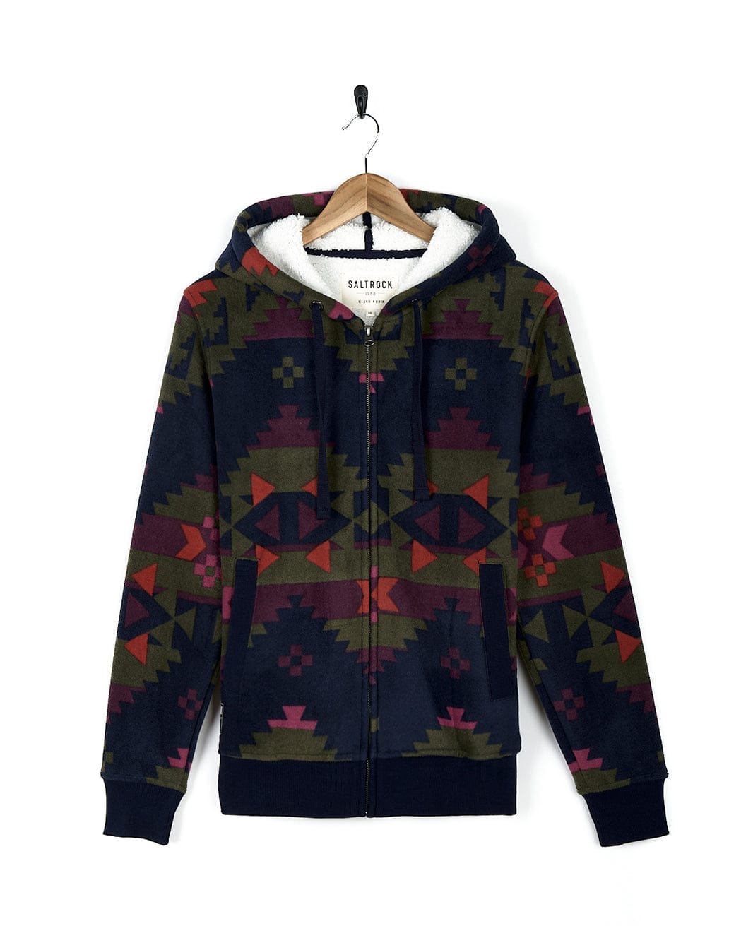 A Saltrock men's hoodie with the Merida - Womens Lined Aztec Zip Fleece - Dark Blue pattern.