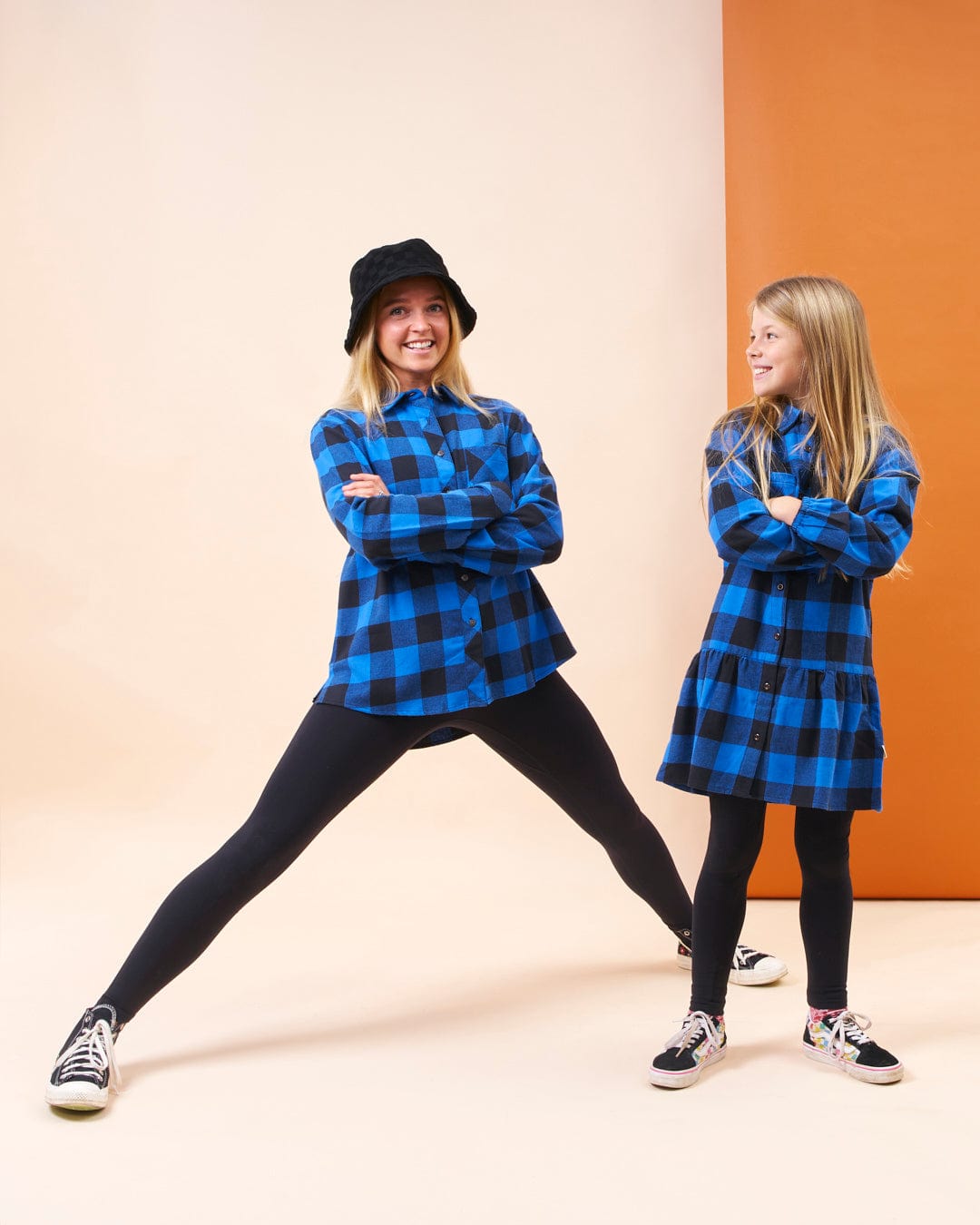 A mother and daughter posing for a photo in a Saltrock Rosalin - Womens Check Shirt - Blue/Black.