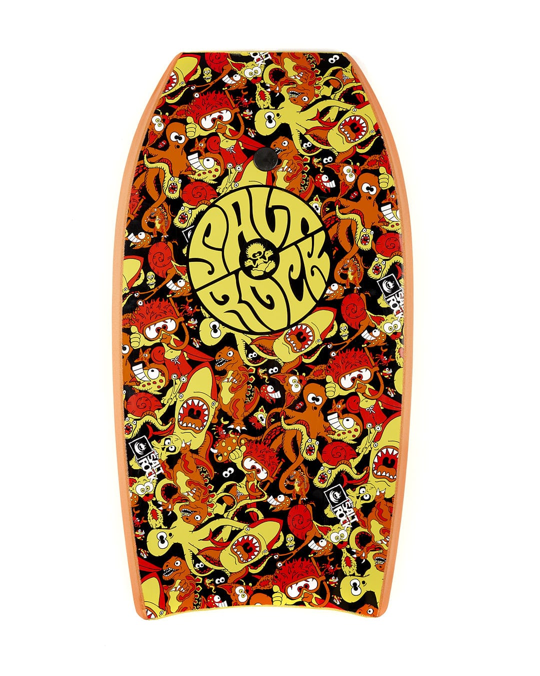 A Saltrock Monstermash 37" Bodyboard - Yellow/Orange with cartoon characters on it.