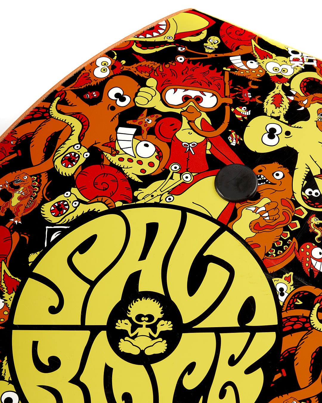 A Saltrock Monstermash 37" Bodyboard - Yellow/Orange with cartoon characters on it.