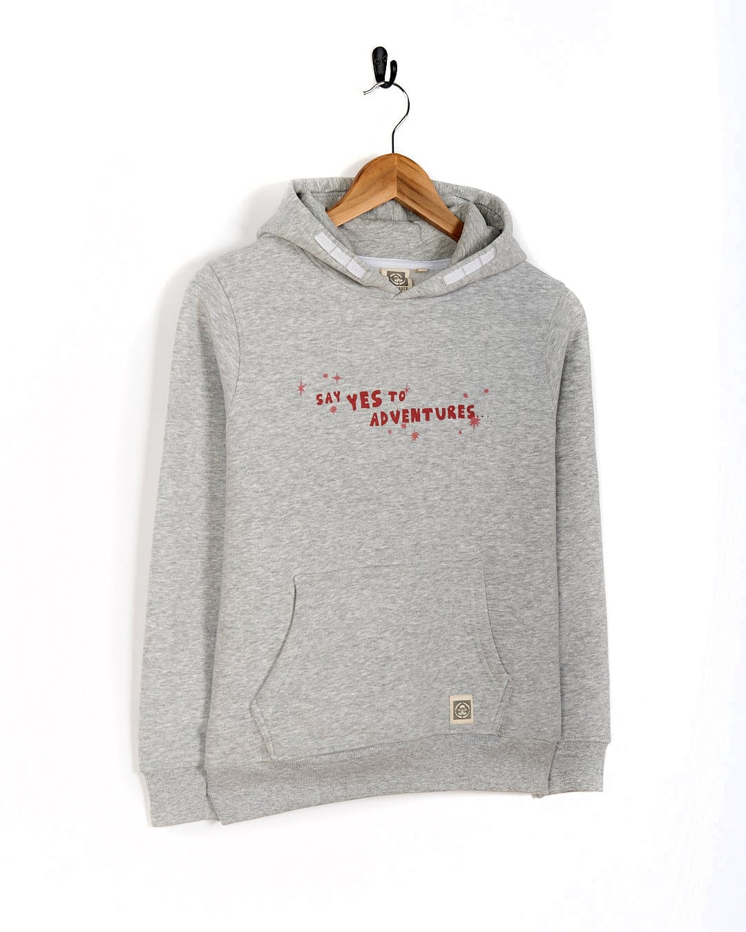 A Mountain Adventure - Kids Hoodie - Grey with the words 'save the world' embroidered on it, featuring Saltrock branding.