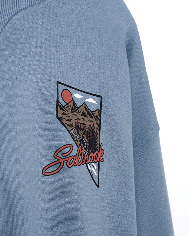 A Saltrock Mountain Creek Almira - Womens Balloon Sleeve Sweat - Blue sweatshirt with a mountain embroidered on it.