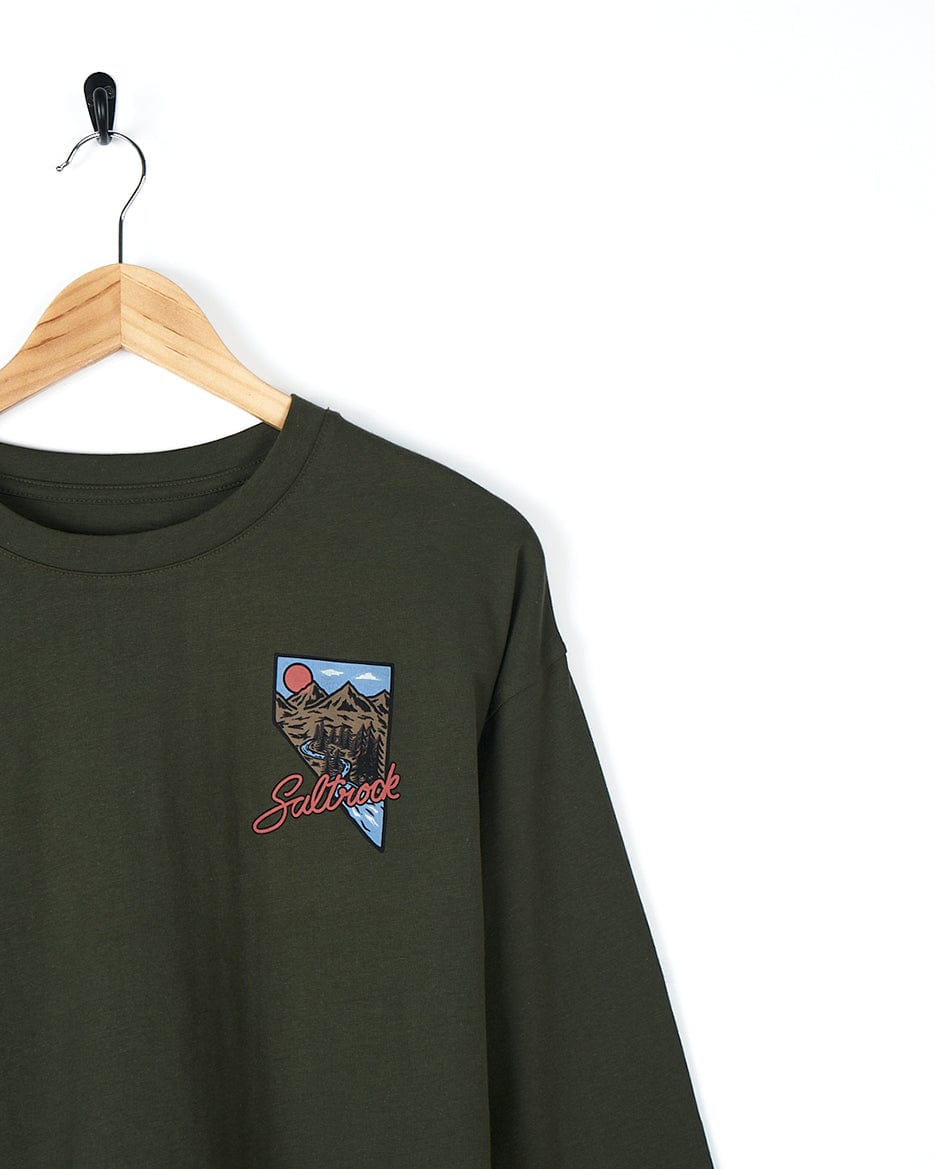 A Saltrock Mountain Creek - Womens Long Sleeve T-Shirt - Green with a bold mountain graphic.