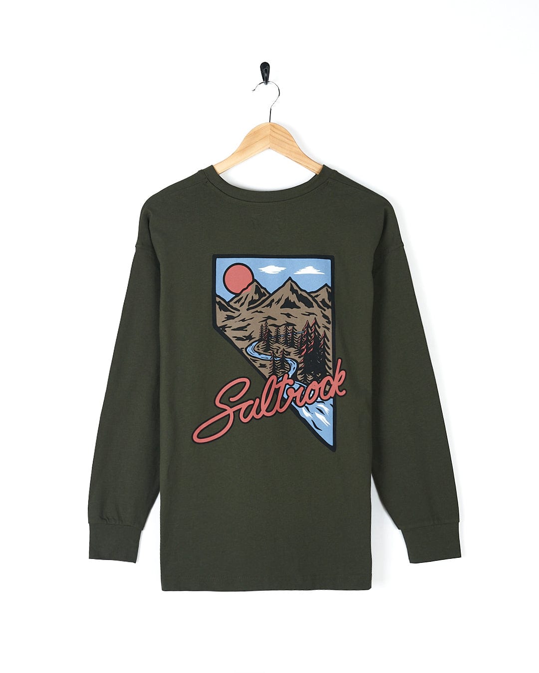 A bold graphic long-sleeve tee with a Mountain Creek - Womens Long Sleeve T-Shirt - Green in the background, by Saltrock.