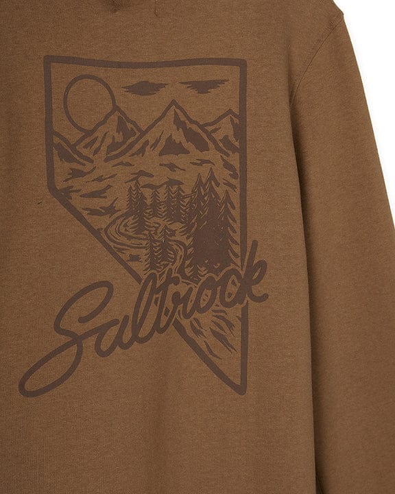 A Mountain Creek - Mens Pop Hoodie - Brown sweatshirt with a drawstring hood and mountain scene by Saltrock.