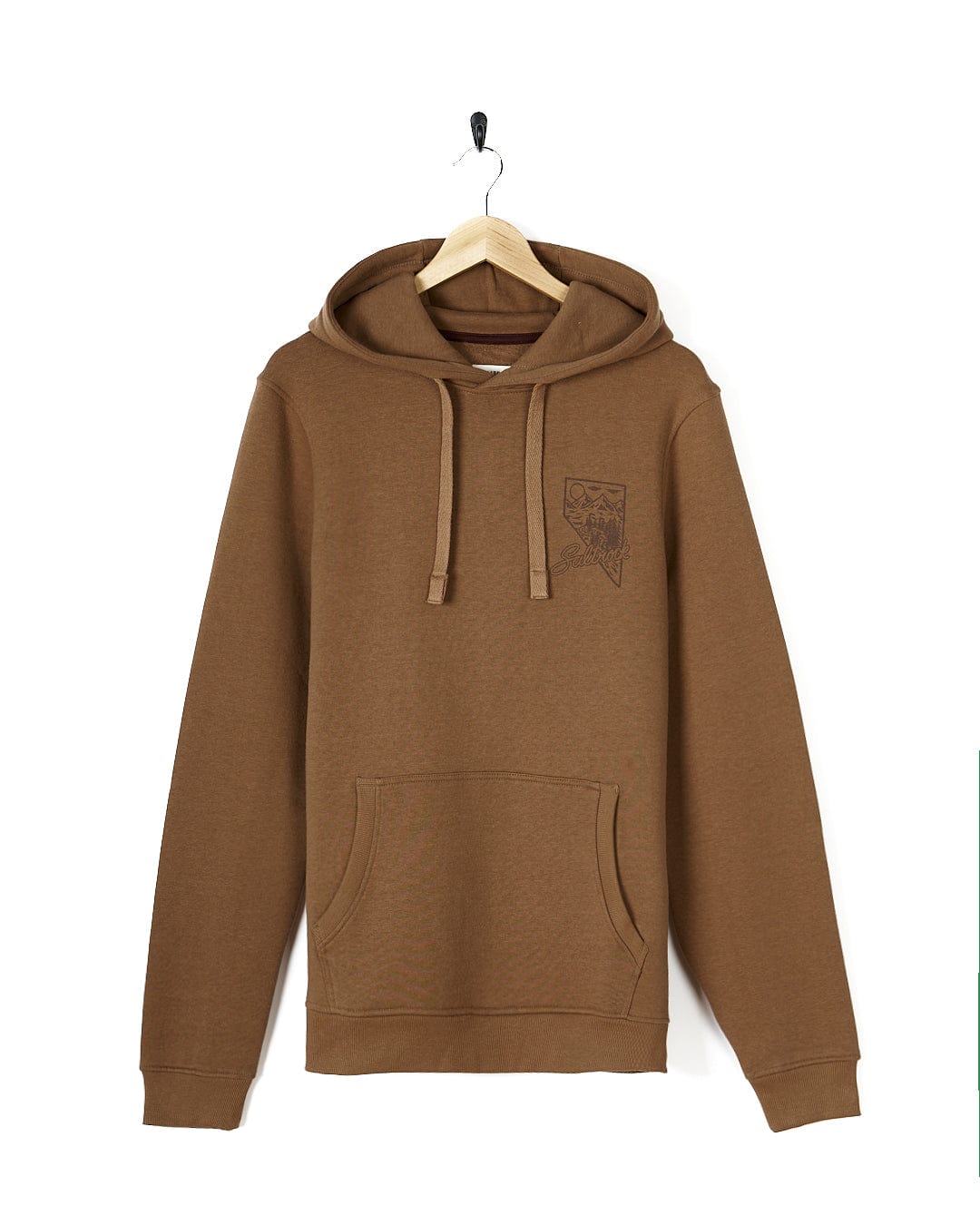 A brown Saltrock Mountain Creek - Mens Pop Hoodie with a drawstring hood hanging on a hanger.
