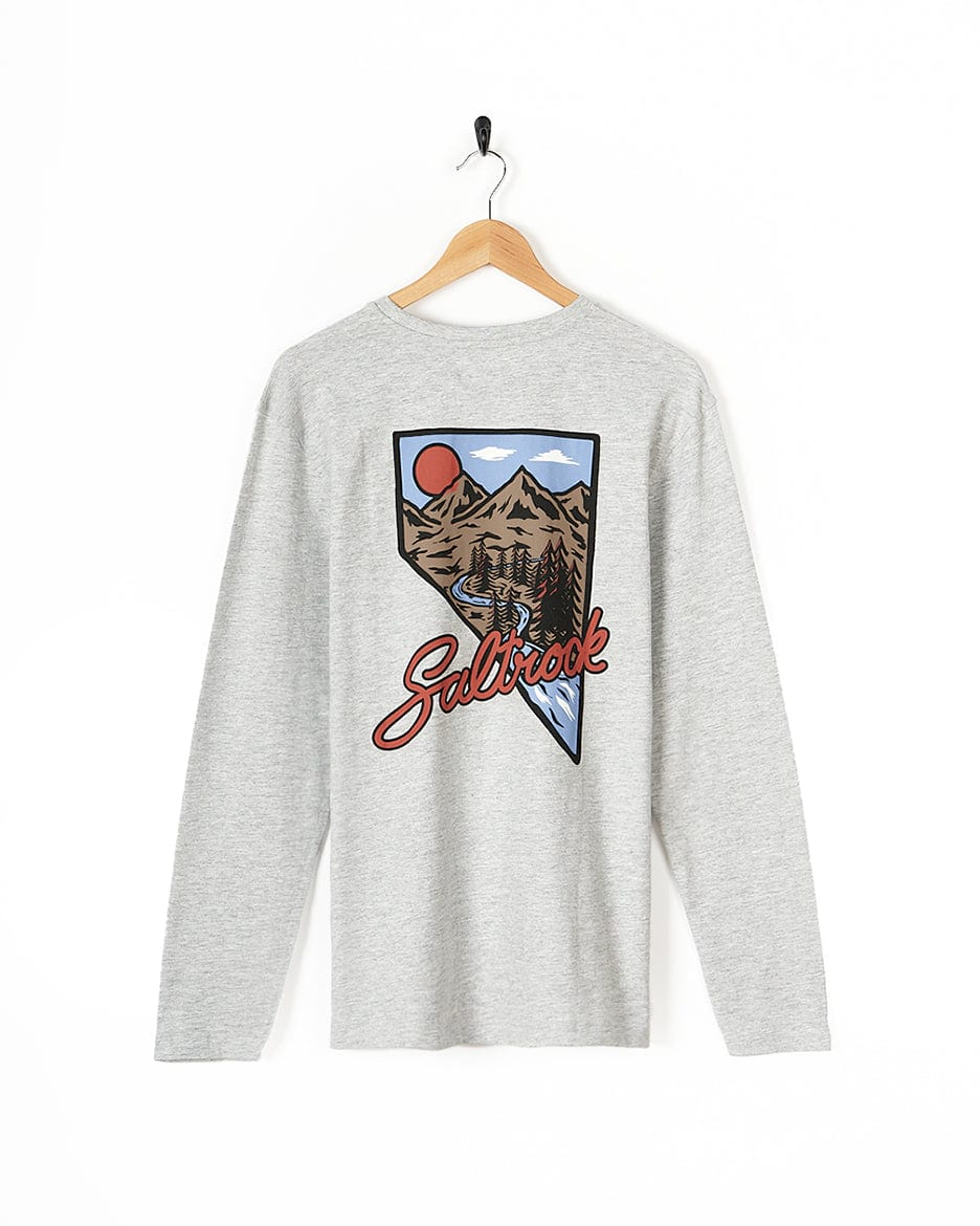 A Saltrock Mountain Creek - Mens Long Sleeve T-Shirt - Grey with an image of a mountain.