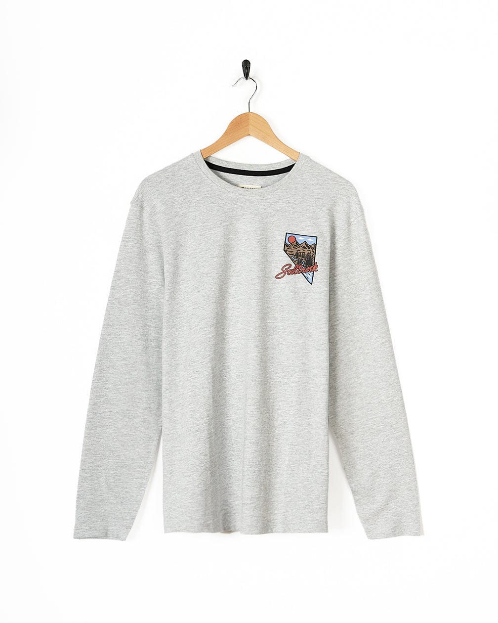 A grey Mountain Creek - Mens Long Sleeve T-Shirt - Grey with an embroidered Saltrock logo on it.