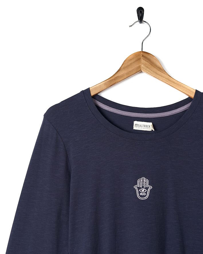 A Saltrock women's navy long sleeve t-shirt with a logo on it.