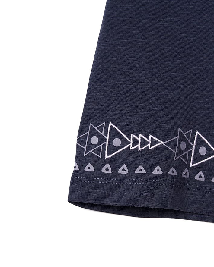 A purple Mountain Rise - Womens Flared Sleeve T-Shirt with an aztec pattern on it, from the brand Saltrock.