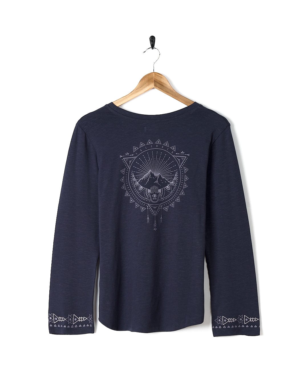 The back of a Saltrock Mountain Rise - Womens Flared Sleeve T-Shirt - Purple with an image of a mountain.