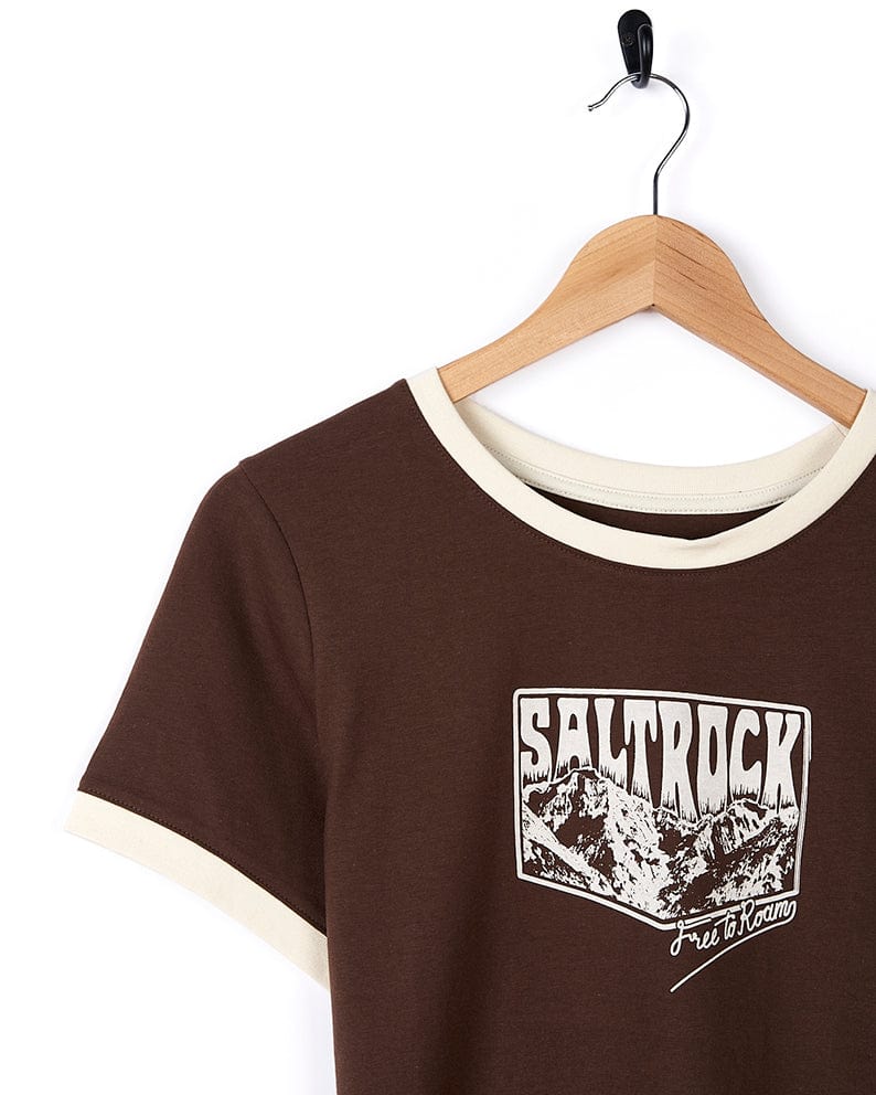 A comfortable Mountain Roaming - Womens Short Sleeve T-Shirt - Brown with the Saltrock branding on it.