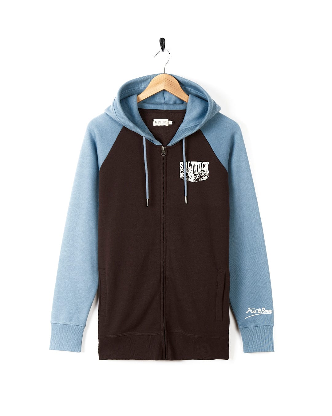 The Saltrock Mountain Roaming - Womens Raglan Zip Hoodie - Brown, for adventurous women, is a stylish blue and brown hoodie with a functional hood.