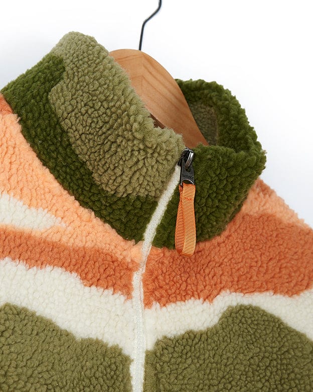 A Saltrock Mountain Scape - Womens 1/4 Fleece - Orange jacket hanging on a hanger.
