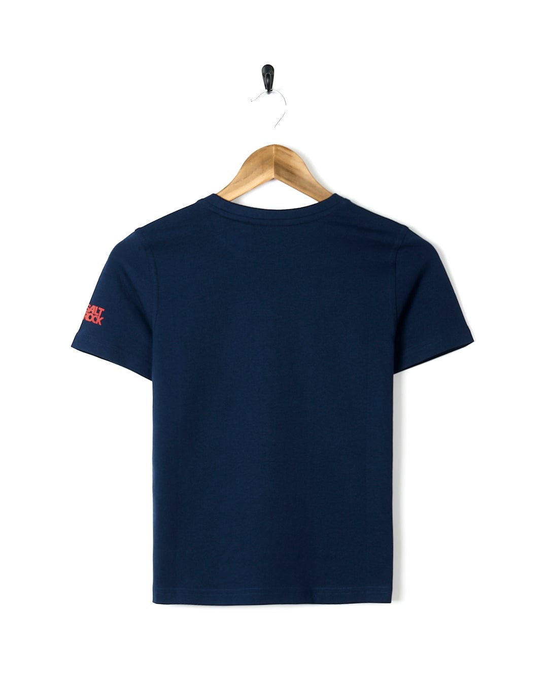 A Saltrock Mount Rock - Kids Short Sleeve T-Shirt - Dark Blue hanging on a wooden hanger with ultimate comfort.