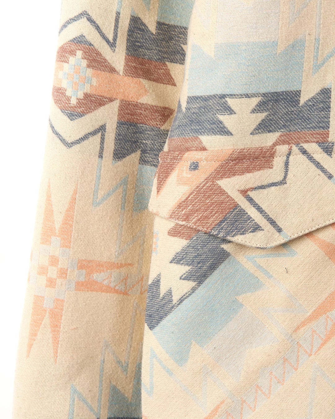 Close-up of a Mylene - Aztec Shacket - Cream from Saltrock, focusing on the details of the weave and design.