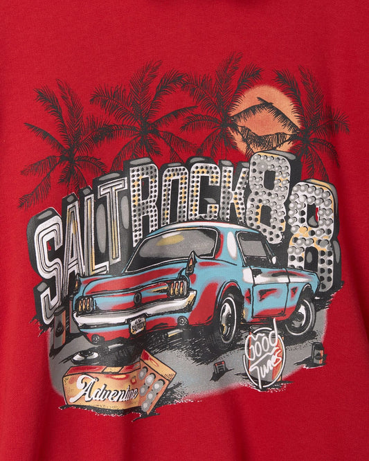 Graphic t-shirt design featuring a vintage car with "Neon Boneyard - Mens Pop Hoodie - Red" and "adventure good times" slogans, set against a backdrop of palm trees and a setting sun, made from 100