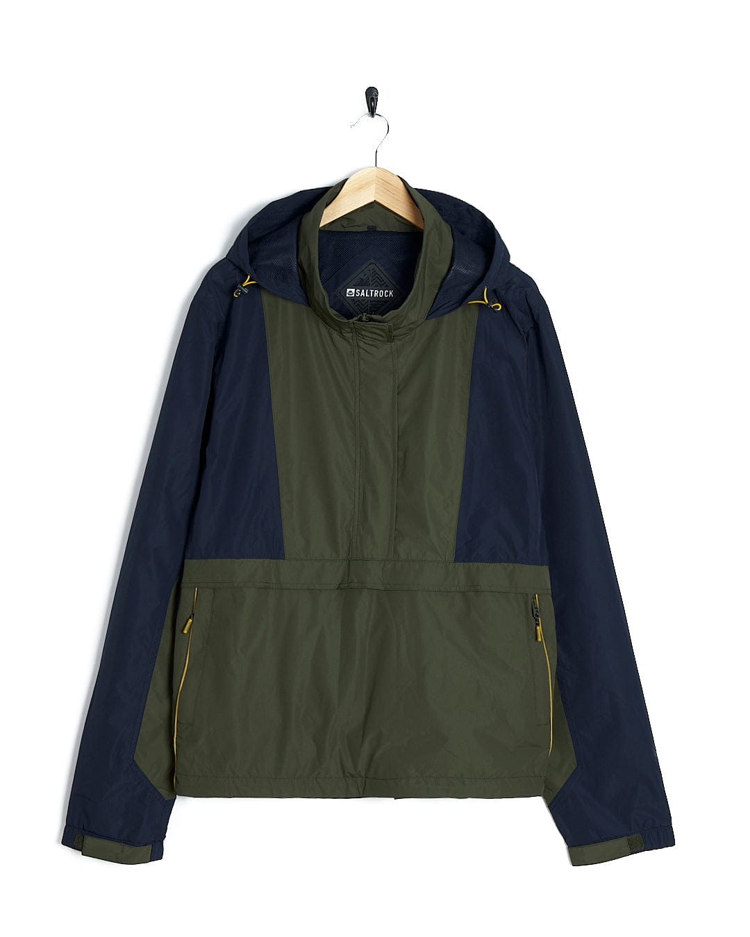 A Saltrock Nevis - Mens Waterproof Mac - Blue/Green jacket hanging on a hanger.