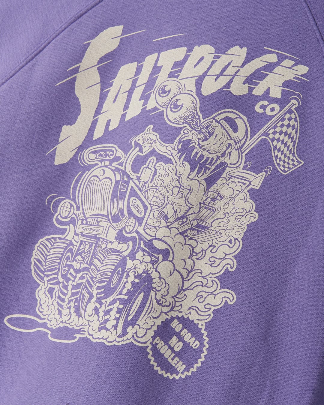 Saltrock Purple No Road No Problem Recycled Kids Zip Hoodie featuring a white graphic design with text "sailorger co" and intricate illustrations of motorcycle elements, angel wings, and racing flags.