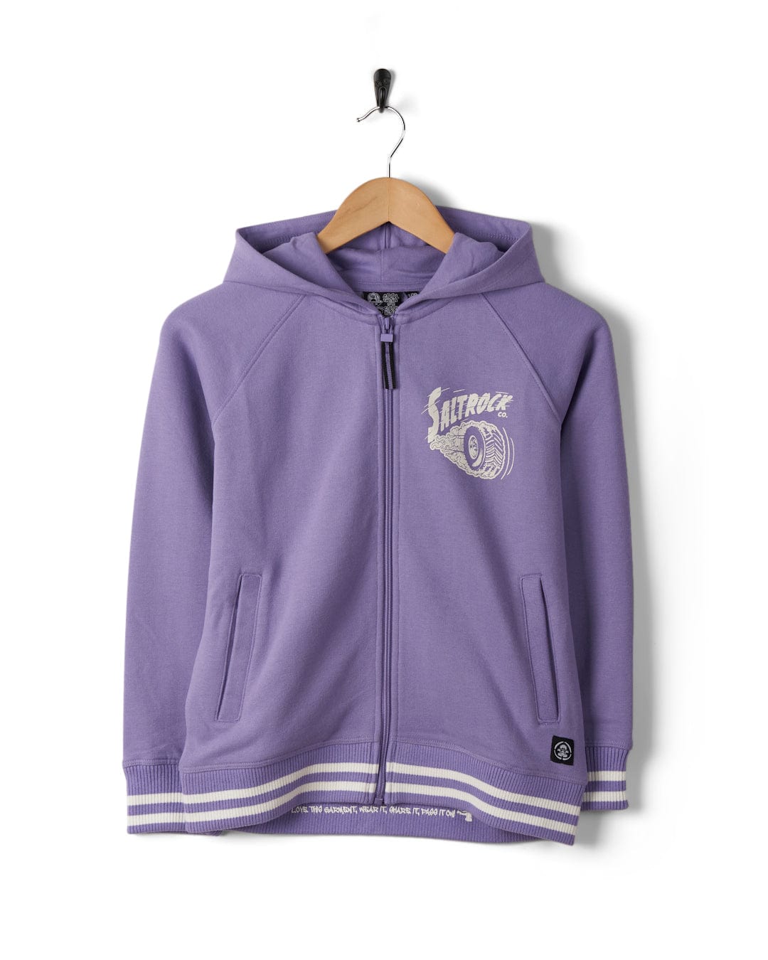 A purple full zip hoodie with "Saltrock" and a vinyl record design on the left chest, hanging on a black hook against a white background.