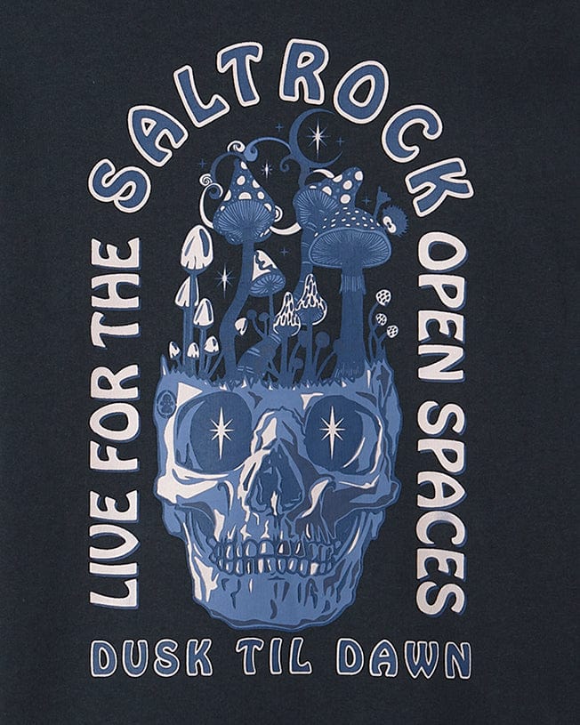 A Saltrock No Shroom - Pop Hoodie - Black with the words open spaces dusk till dawn.