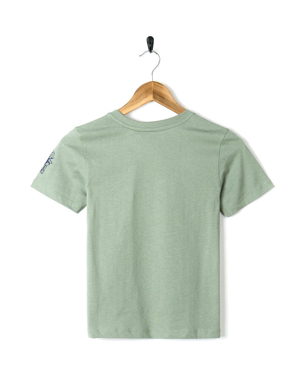 A Saltrock No Shroom - Kids Short Sleeve T-Shirt - Light Green hanging on a wooden hanger.