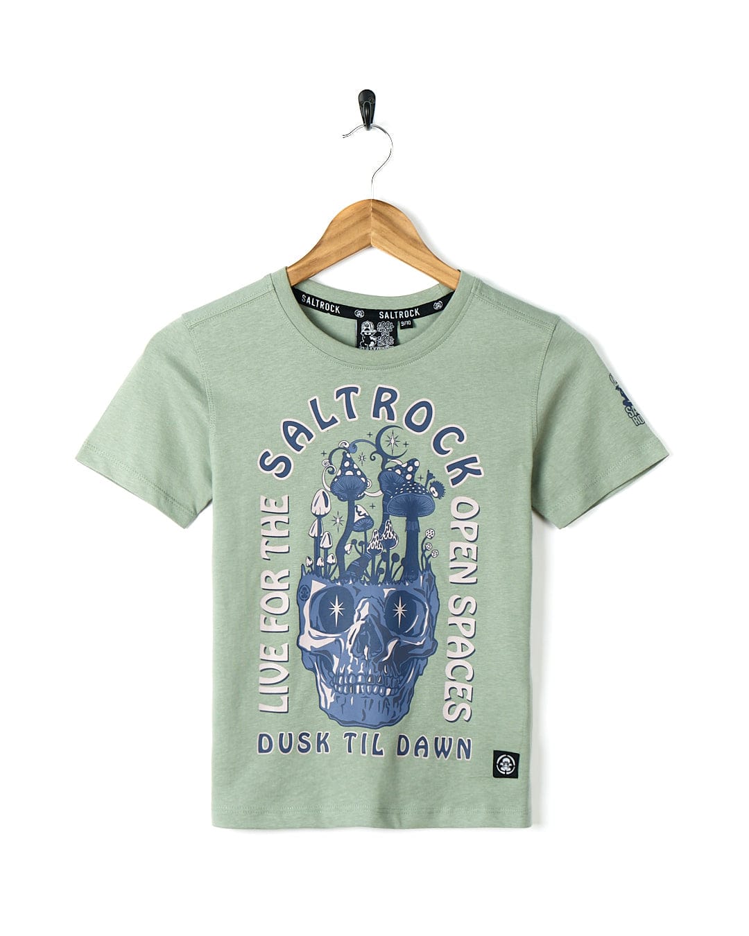 A No Shroom - Kids Short Sleeve T-Shirt - Light Green with a skull on it. (Brand: Saltrock)