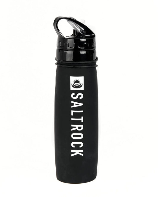 A black Nusa foldable water bottle with the word Saltrock on it that is re-useable.