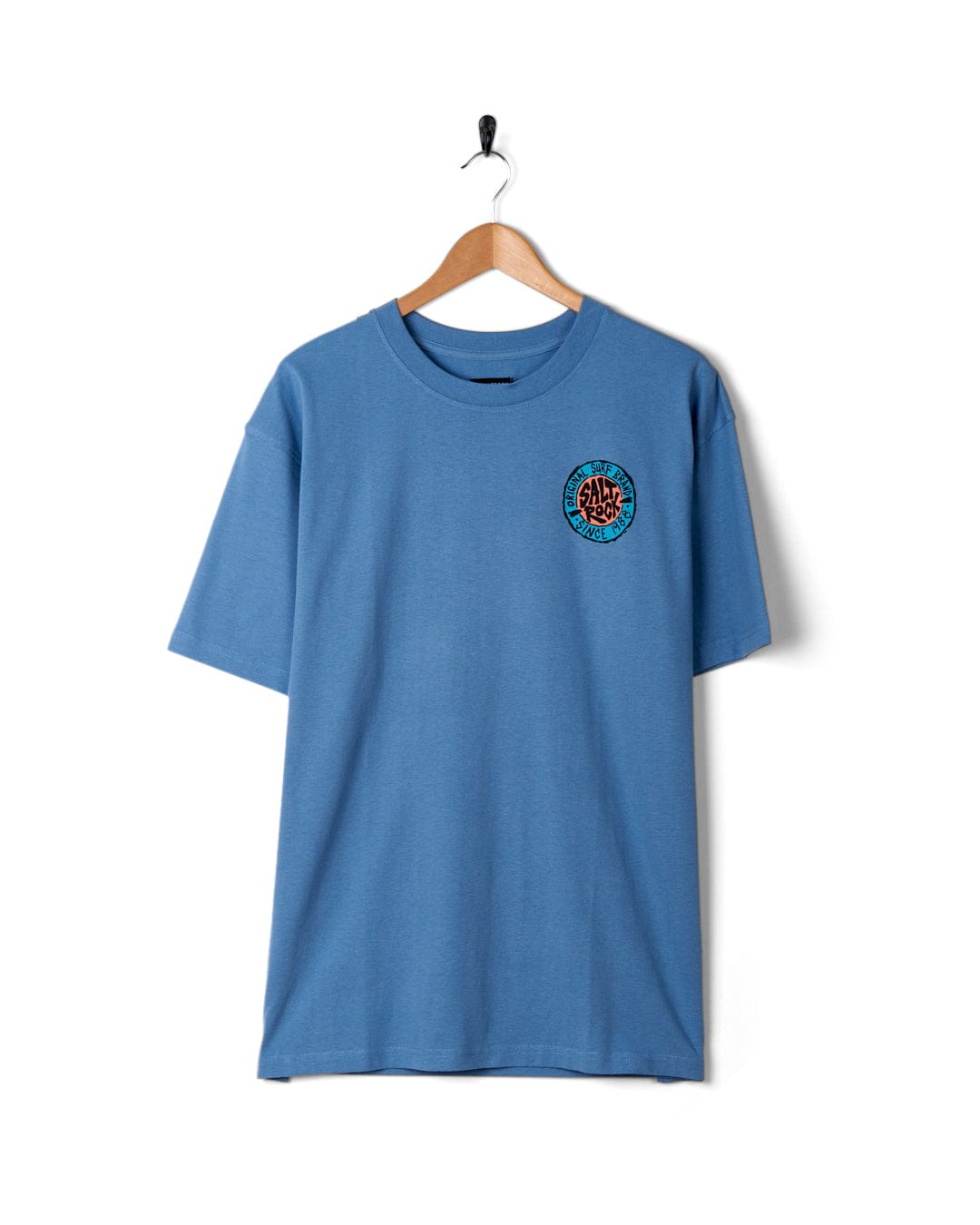 Saltrock SR Original - Mens Short Sleeve T-Shirt - Blue oversized fit with a small logo on the chest, displayed on a hanger against a white background.