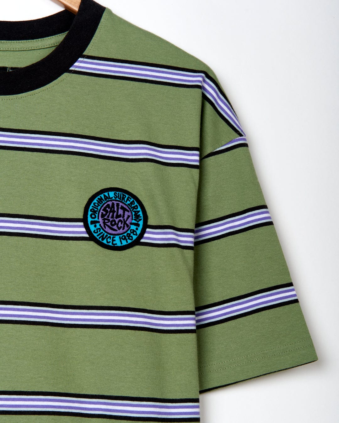Saltrock SR Original - Mens Short Sleeve T-Shirt - Green and black striped oversized fit t-shirt with a retro surf badge on the chest.