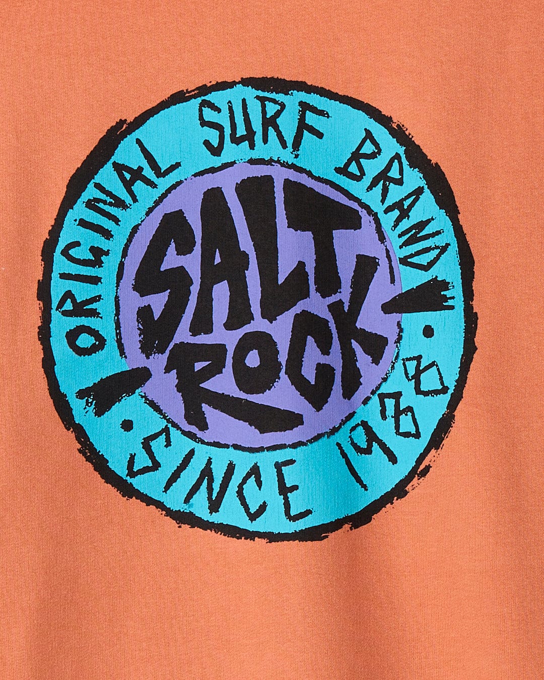 Logo of "SR Original - Recycled Mens Zip hoodie - Orange" printed in blue and black on a rust-colored fabric by Saltrock retro surf, original surf brand since 1988.
