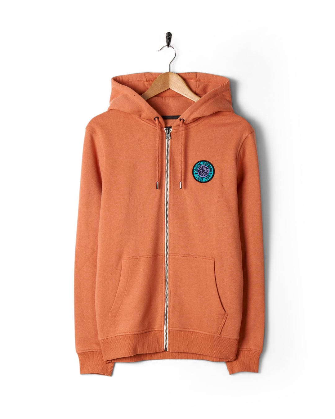 An SR Original - Recycled Mens Zip hoodie - Orange with a zipper and a small Saltrock retro surf logo on the chest, hanging on a wooden hanger against a white background.