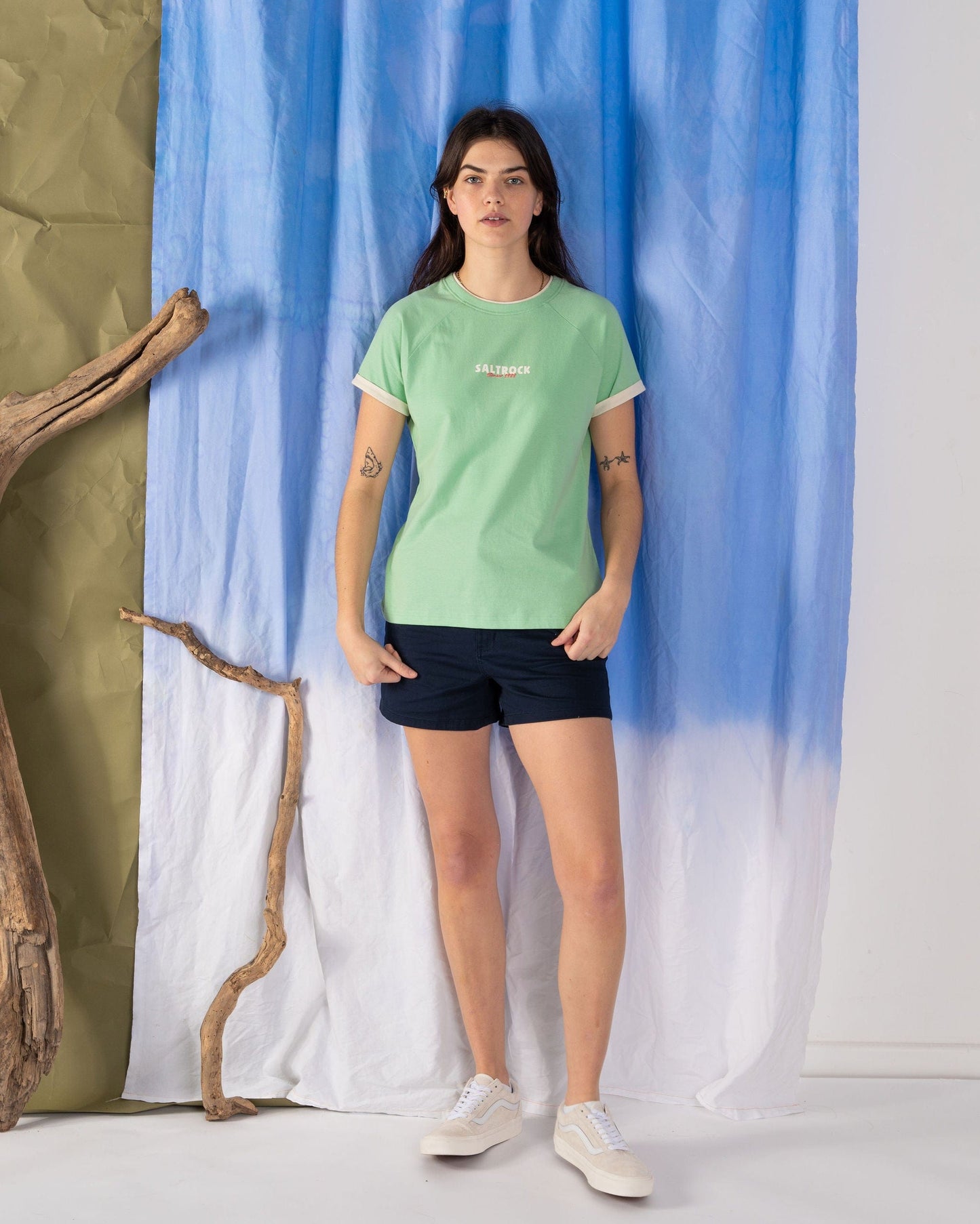 Cara - Womens Mid Rise Chino Shorts - Blue