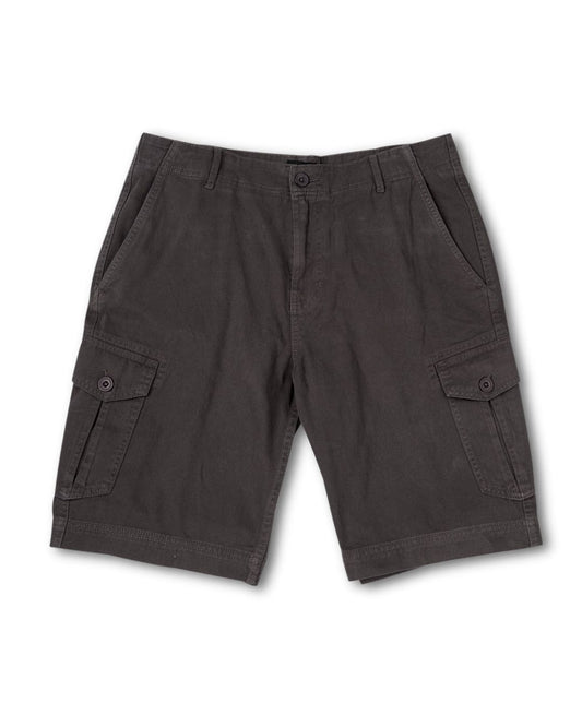 A pair of Saltrock Penwith II - Mens Cargo Shorts - Dark Grey with cargo patch pockets isolated on a white background.
