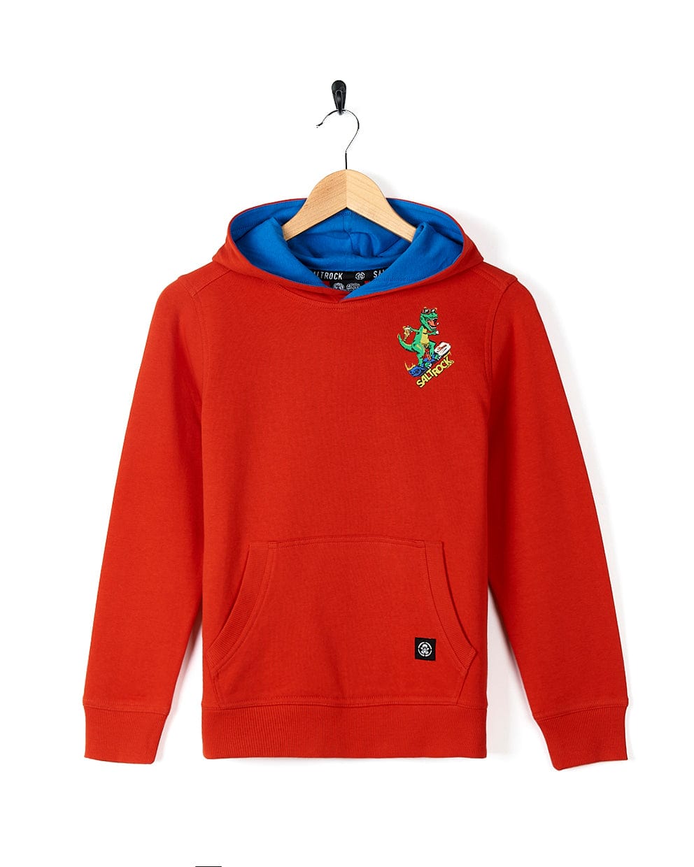 A Saltrock Pizzasaurus Rex - Kids Pop Hoodie - Red with a blue hood and hoodie design.