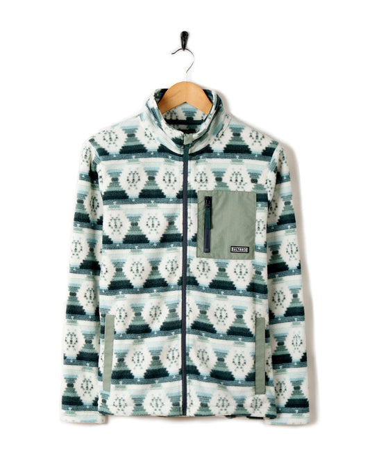 A Saltrock Portis Womens Fleece Green jacket with an Aztec print, hanging on a hanger against a white background.