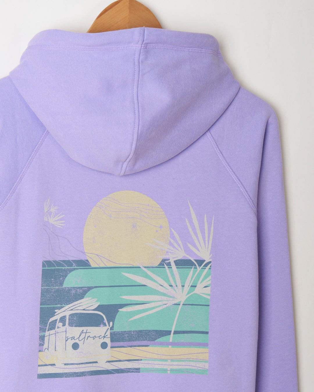 A Saltrock lilac women's zip hoodie with an image of a beach and a van.