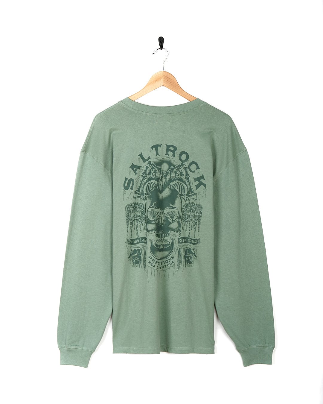 Saltrock - Mens Long Sleeve T-Shirt - Light Green with skull graphics.