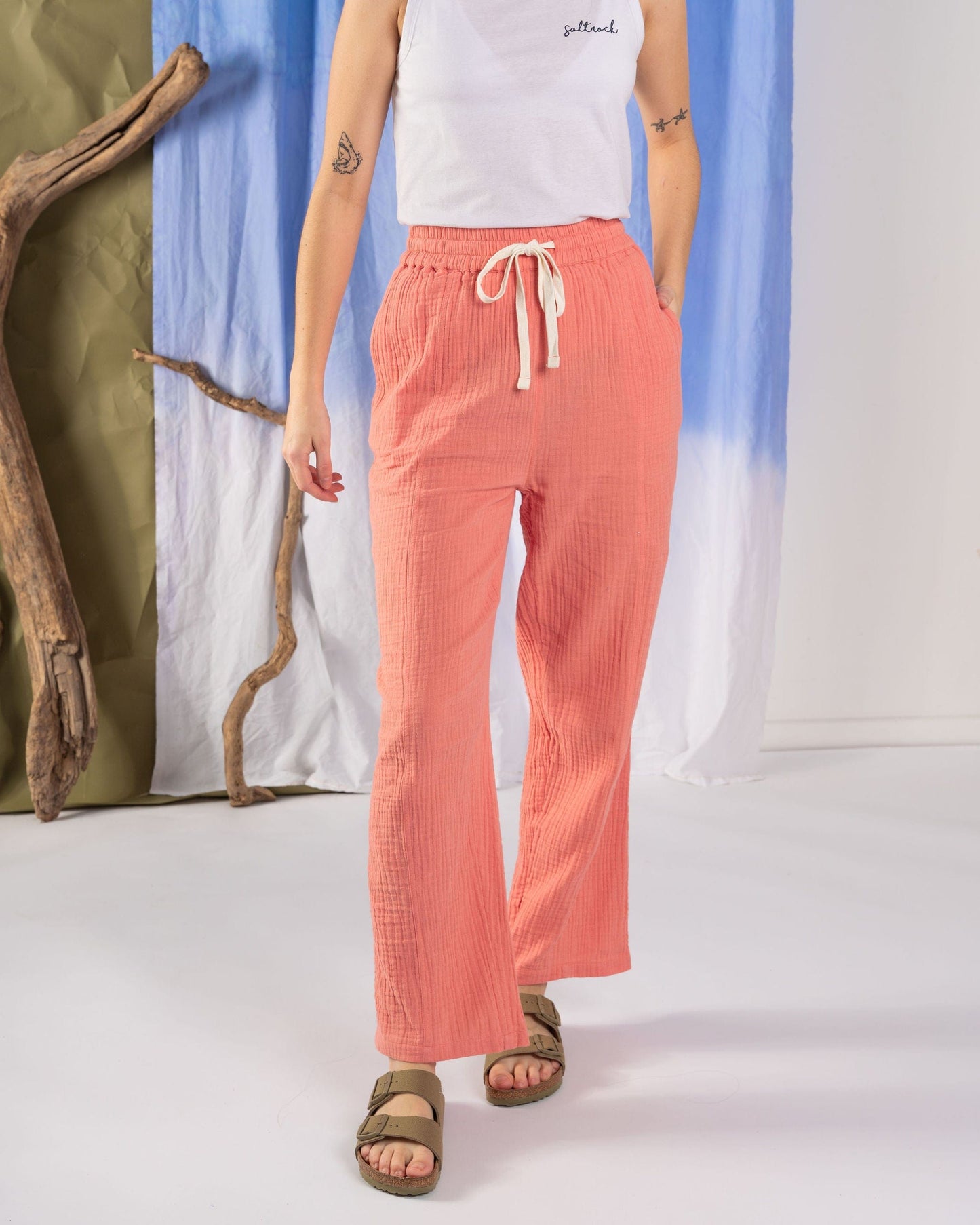 Reflect - Womens Wide Leg Crinkle Trousers - Coral