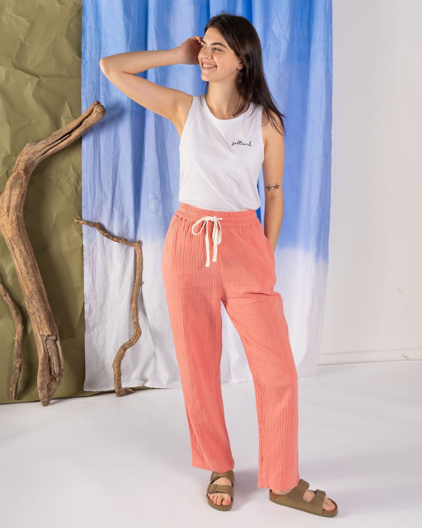Reflect - Womens Wide Leg Crinkle Trousers - Coral