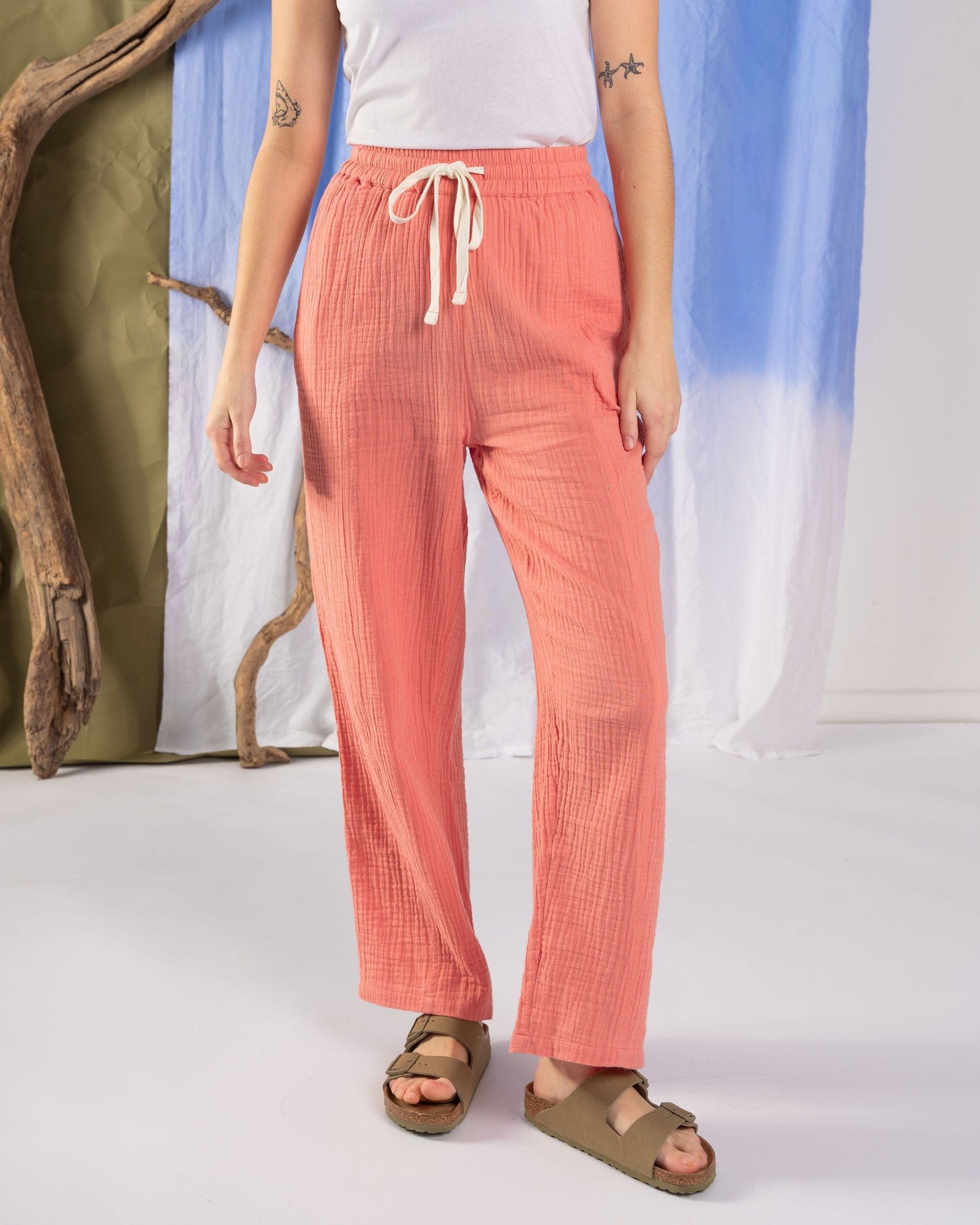 Reflect - Womens Wide Leg Crinkle Trousers - Coral
