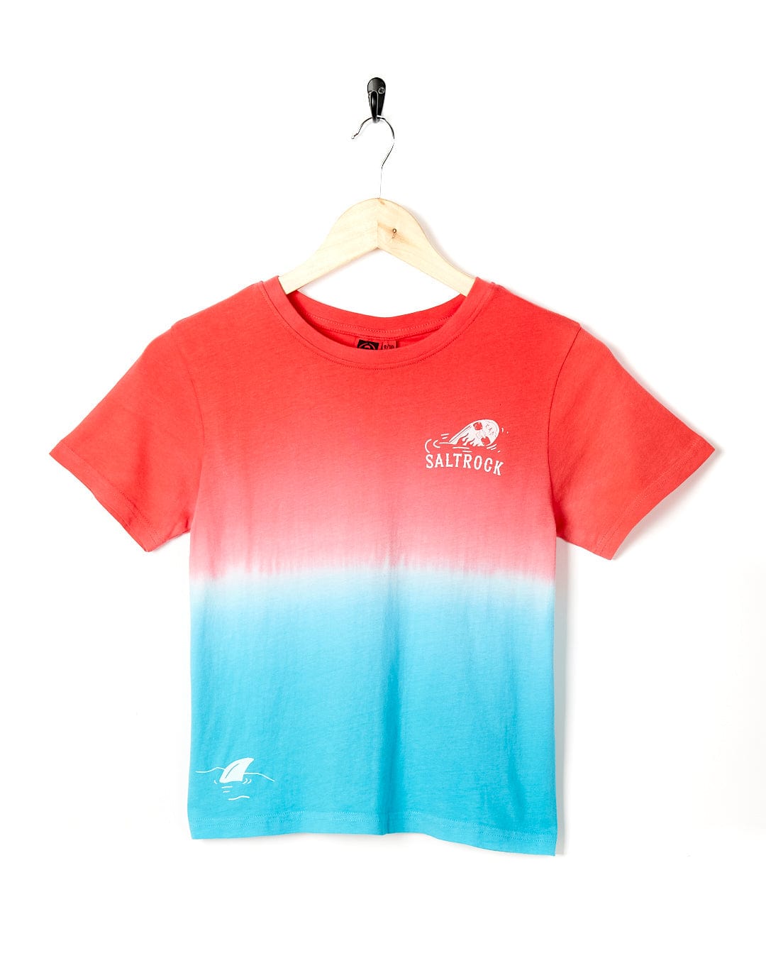 A Saltrock Rad Skate - Kids Dip Die Short Sleeve T-Shirt - Teal hanging on a hanger.