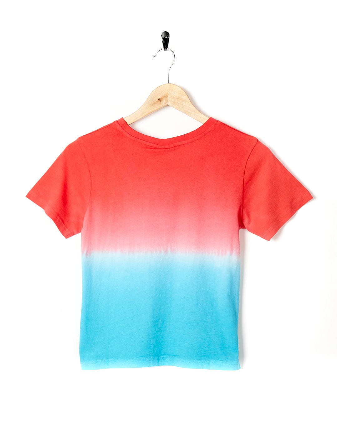 A Saltrock Rad Skate - Kids Dip Die Short Sleeve Teal T-Shirt hanging on a wooden hanger.