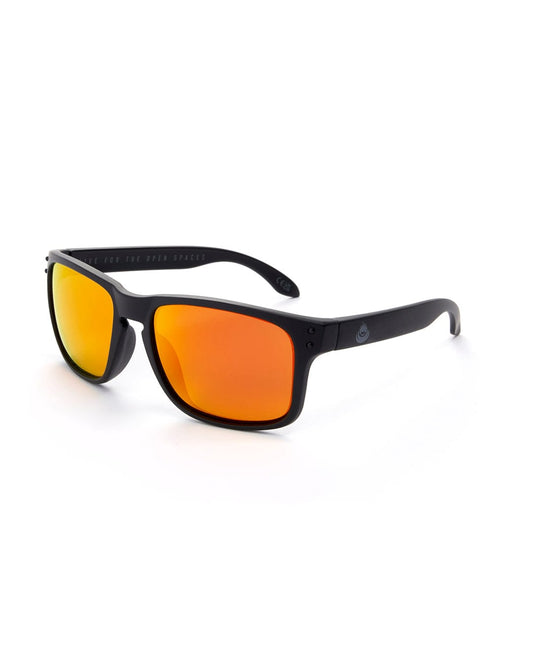 A pair of Saltrock Ranger - Recycled Polarised Sunglasses - Black with orange lenses that are UV400 protected.