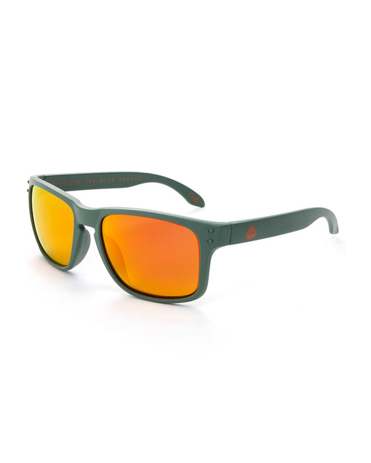 A pair of Ranger - Recycled Polarised Sunglasses - Green with orange lenses offering UV400 protection by Saltrock.