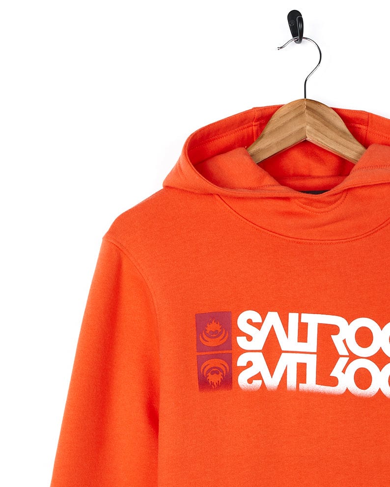 A Reflect - Mens Pop Hoodie - Orange with the word stoic lives on it, made from a cotton blend fabric by Saltrock.