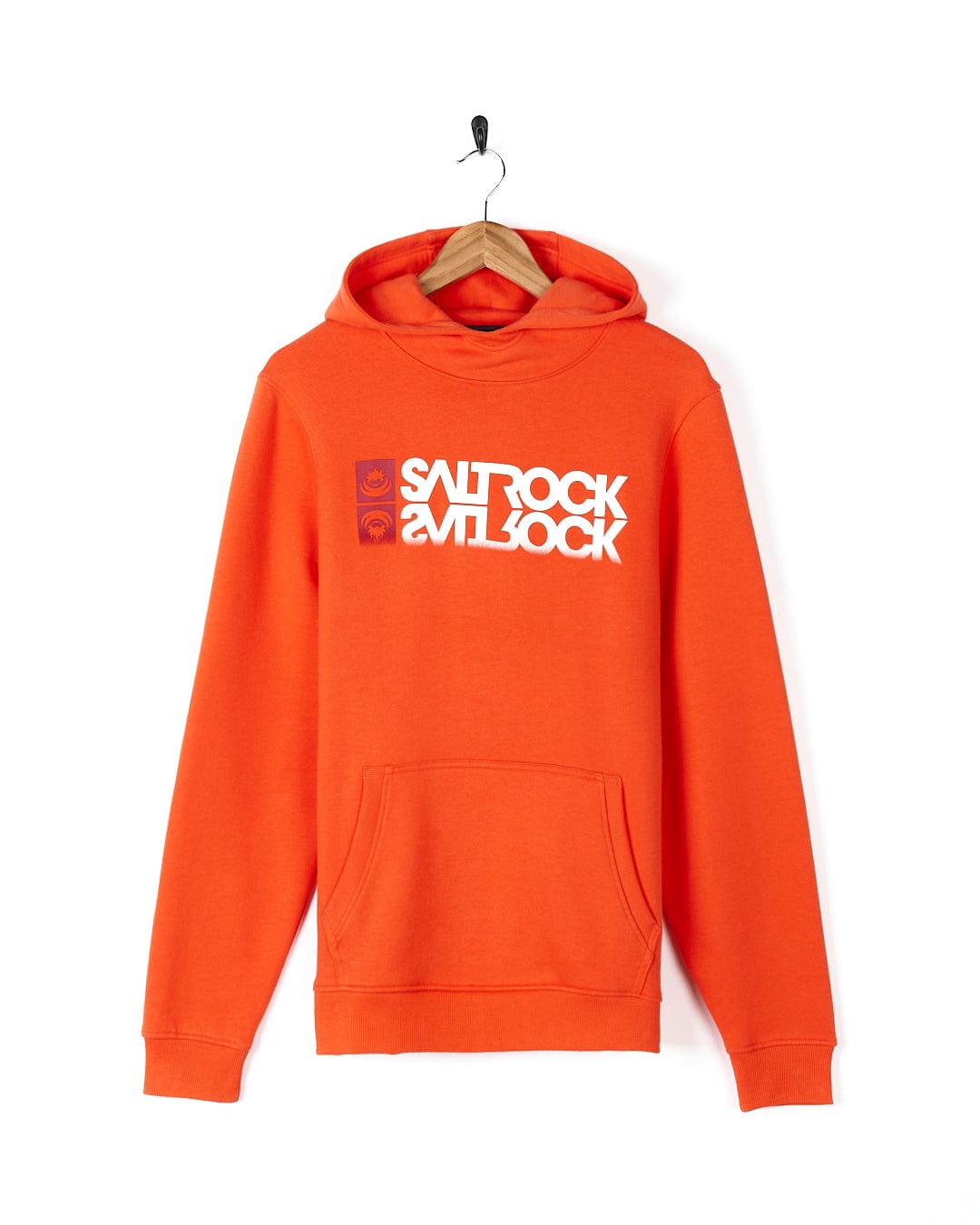 An orange Saltrock Reflect - Mens Pop Hoodie, made from a cotton blend, featuring the word surfrock.